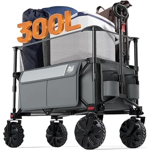 TIMBER RIDGE Foldable Wagon 300L Extendable Height, 300LBS Capasity Collapsible Wagon Cart with All Terrians Detachable Wheels, Compact Folding Utility Wagon for Camping, Fishing, Shopping Grey