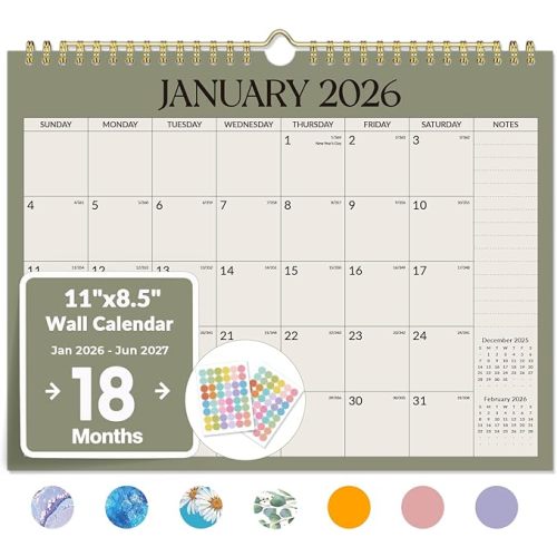 Forvencer 2026 Calendar, 18-Month Wall Calendar 2026, Jan 2026 to Jun 2027, 11" x 8.5" Monthly Planner Calendars with Note Pages & Stickers, Unruled Blocks, Spiral Binding Hanging for Home Office