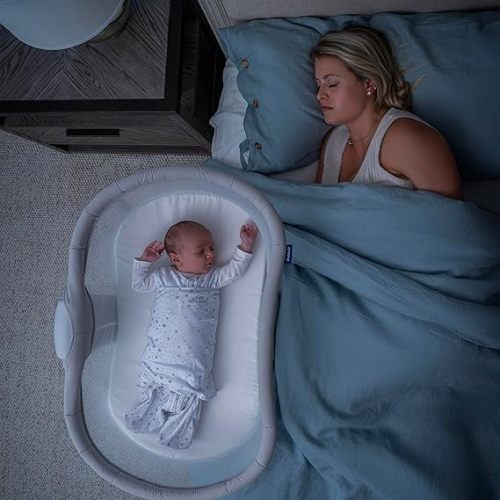 HALO BassiNest Soothing Swivel Sleeper 3.0S – Over-Bed Baby Bassinet with 360 Rotation, Adjustable Height, Breathable Mesh, Calm Sounds & Vibrations, Safe Close Sleeping, Lowering Wall for Easy Access