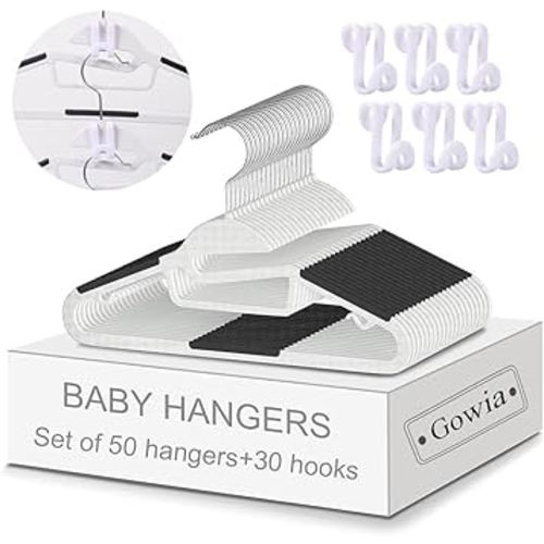 GOWIA Kids Plastic Hangers 360°Swivel Hook S-Slide Non-Slip Pad 80 Pack+ 30 Pcs Hooks Space Saving Children Infant/Toddler Clothes Hangers White