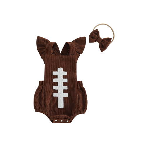 Txlixc Baby Girl Fall Outfits Ruffle Sleeveless Football Embroidery Romper with Headband Set Newborn Clothes
