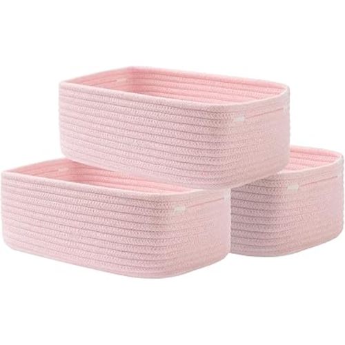KALLAX Small Woven Basket, 12 x 8 x 4.5 Inches, Storage Basket for Organizing, Cute Small Rope Shelf Closet Cube Storage Bins Baskets for Shelves, Dog Toy Gift Baskets Empty, 3 Pack Light Pink