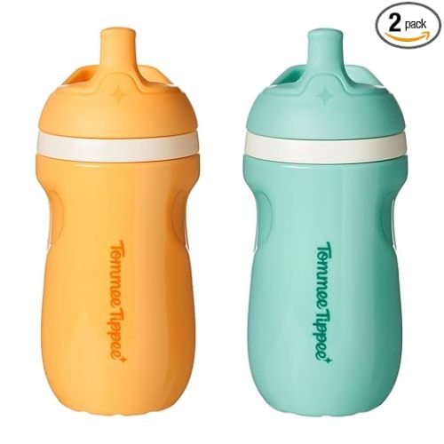 Tommee Tippee Insulated 9oz Sporty Spout Toddler Water Bottle, No Spill, Sippy Cups for Toddlers 1-3, Two-Piece Valve Helps Stop Spills, Light Blue & Orange, BPA Free, Pack of 2