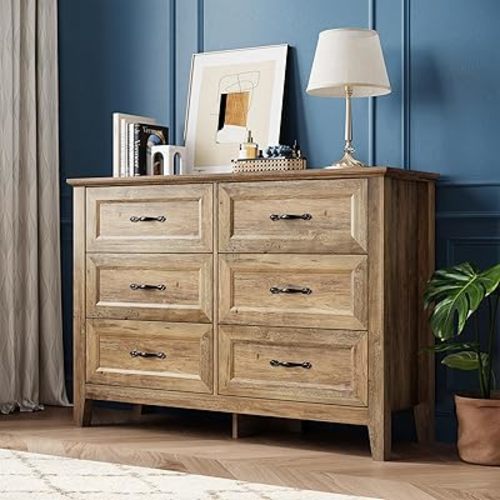 LINSY HOME 6 Drawers Dresser for Bedroom, Wood Bedroom Dresser Farmhouse Drawer Chest, Wide Dresser for Closet, Dressers Organizer for Living Room, Closet, Hallway