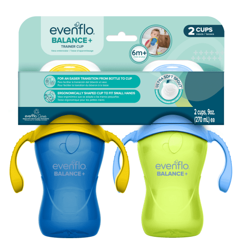 Evenflo Feeding 9 oz Balance Cups, 2-Pack, Blue & Green, Baby Sippy Cups 6 Months+