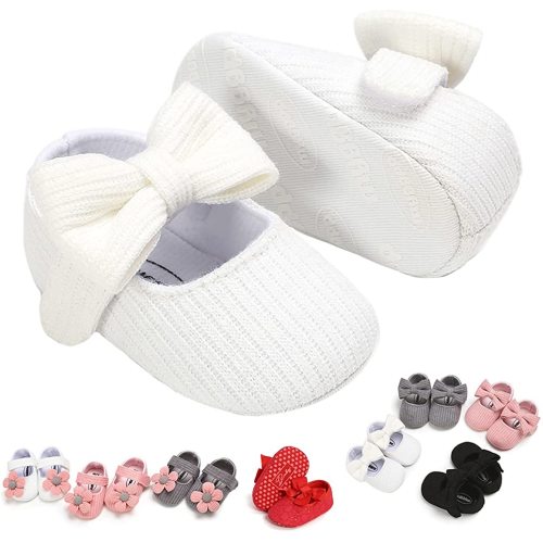 Baby Girls Mary Jane Flats with Bowknot Floral Princess Wedding Dress Shoes Soft Newborn Infant Crib First Walker Prewalker