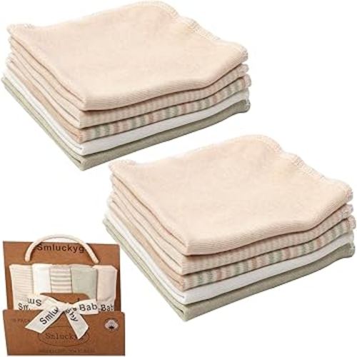 Organic Cotton Baby Washcloths - 10 Pack | Ultra-Soft Newborn Face Bath Towel - Reusable Baby Wipes for Delicate Skin Thin & Lightweight (Multicolor)