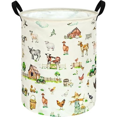 19.7 Inch Farm Pattern Round Kids Round Laundry Clothes Hamper Dino Laundry Basket with Handles,Baby Toys Storage Organizer Bins Laundry Gift Basket for Boys and Girls Room, Bedroom Decor