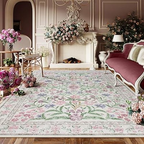 Lahome Boho 8x10 Area Rugs for Living Room, Washable Kids Rugs for Bedroom Girls, Vintage Purple Baby Rugs for Nursery, Soft Thin Carpet for Dining Room Playroom, Pale Lilac/Pink