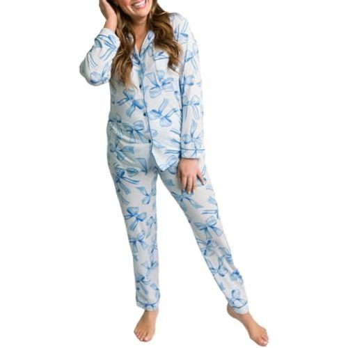 Women Y2k Pajama Set 2 Piece Print Lounge Sets Long Sleeve Button Shirt Elastic Pants Sleepwear Matching Sets