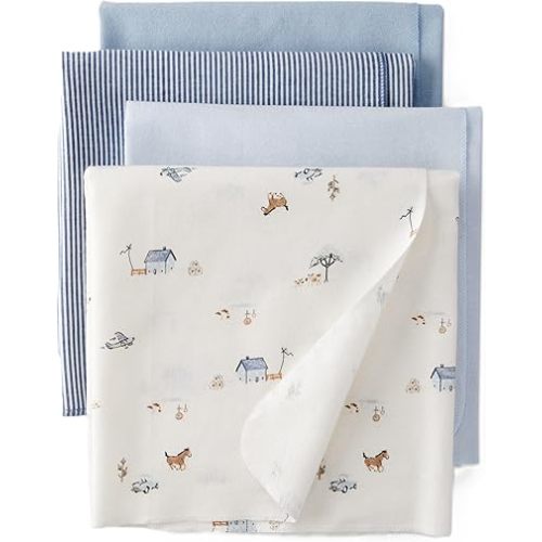 Carter's Baby Unisex Receiving Blankets 4-Pack, Soft Breathable Cotton Swaddle & Stroller Covers Lightweight Nursery Essentials 40” x 30" (Blue/Ivory)