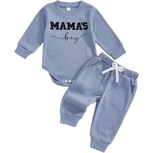 Kupretty Baby Boy Clothes 3 6 12 18 Months Fall Winter Outfit Mama's Boy Embroidery Waffle Long Sleeve Romper Pants Set