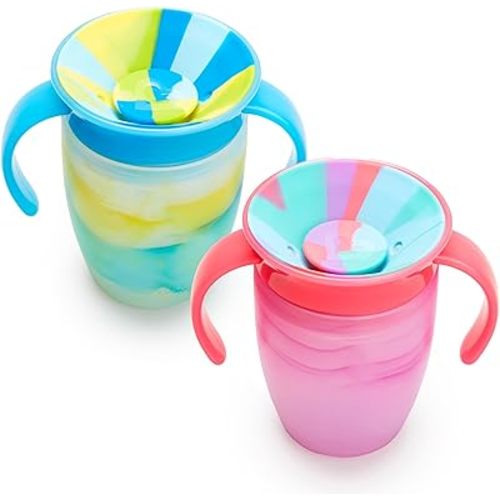 Munchkin® Miracle® 360 Trainer Sippy Cups with Handles, Spill Proof, 7 Ounce, Tropical Swirl, 2 Pack, Blue/Pink