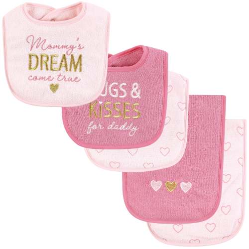 Hudson Baby Infant Girl Cotton Terry Bib and Burp Cloth Set, Mom Dad Dream