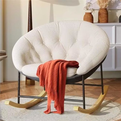 Kidirect Rocking Chair Nursery, Modern Upholstered Nursery Rocking Chairs with Cozy Cushion, Comfy Nursery Rocker & Large Round Saucer Sofa Chair for Reading, Suitable for Living Room/Bedroom (Beige)