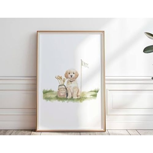 Golden Retriever Golf Print, Puppy Golden Retriever Art, Golf Nursery Wall Art Dog Playing Puppy Print Poster Decor Nursery Wall Decor Dog Playing Poster,132