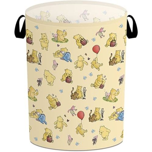 Classic Winnie the Pooh Laundry Basket, Winnie Nursery Baby Stuff, the Pooh Storage Bin, Pooh Oxford Cloth Laundry Hamper With Waterproof Pe Coating, for Bedroom Bathroom Living Room 15.7×19.6 Inch