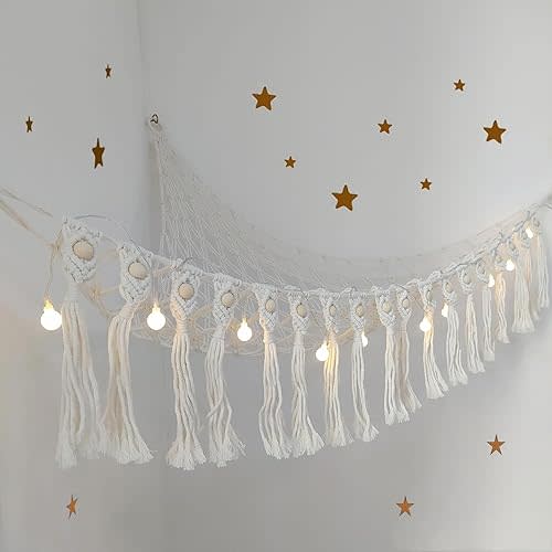 Large Stuffed Animal Net or Hammock, Boho Macrame Toy Hammock with LED Lights, Decorate Room Space Saving Pet Net for Stuffed Animals, Suitable for Nursery, Playroom, Kids Bedroom