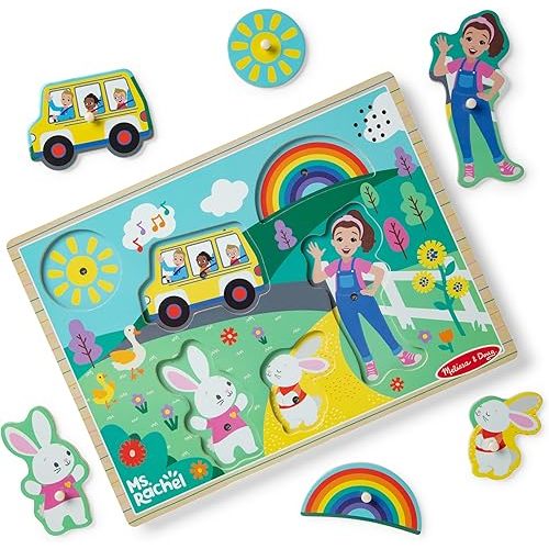 Melissa & Doug Ms. Rachel Wooden Song Peg Puzzle, Light Activated, 6-Piece with Full Songs, Toddler Toys for Boys and Girls Ages 2-5+ Years - FSC Certified