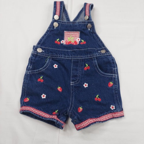 Vintage Girls 6-9M Denim Fruit Embroidered Shortalls Overalls Cherry Strawberry