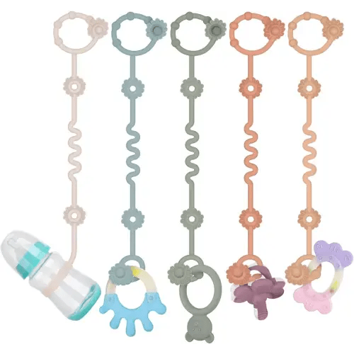 5 Pcs Toy Straps for Baby, Adjustable Stroller Accessories Toy Holder, Prevent Drop Silicone Pacifier Clip, Baby Travel Essential Applicable Sippy Cup (Sage+Ether+Muted+Apricot+Light Grey)