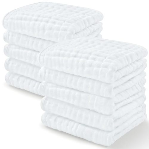Baby Washcloths, Muslin Cotton Baby Towels, Large 10”x10” Wash Cloths Soft on Sensitive Skin, Absorbent for Boys & Girls, Newborn Baby & Toddlers Essentials Shower Registry (White, Pack of 10) - 10-Pack 10"X10"