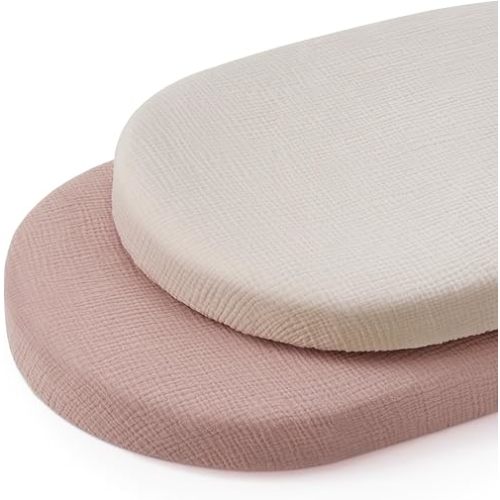 Blissful Diary Muslin Bassinet Sheets for Baby Girls Boys, Boho Soft Cotton Fitted for Oval Hourglass Rectangle Mattress, 2 Pack(Cream&Pink)