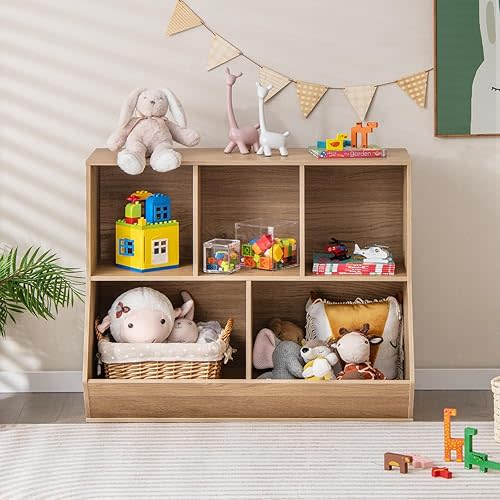 HONEY JOY Toy Storage Organizer with Bookcase, 5-Cubby Children Bookshelf Toy Storage Cabinet, Open Kids Toy Storage Shelf Book Display Rack for Playroom, Bedroom, Kindergarten, Nursery, School