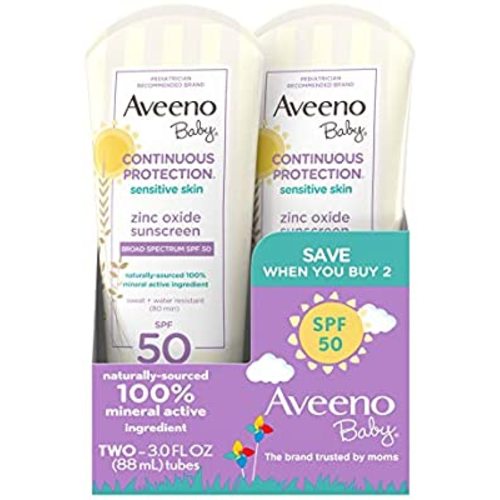 Aveeno Baby Continuous Protection Zinc Oxide Mineral Sunscreen Lotion With Broad Spectrum SPF 50, 3 Fluid Ounce (2 Pack)