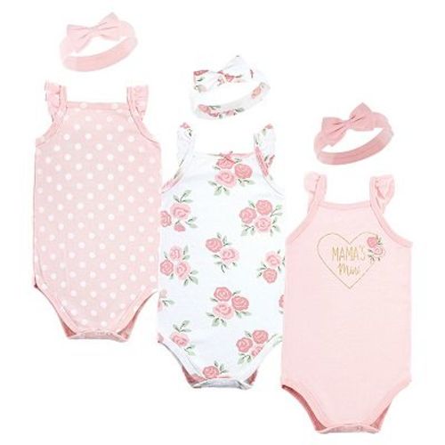 Hudson Baby Infant Girl Sleeveless Bodysuit and Headband Set, Soft Pink Roses