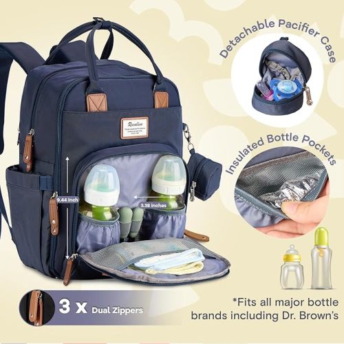 RUVALINO Diaper Bag Backpack, Multifunction Travel Pack Maternity Baby Changing Bags, Large Capacity, Waterproof, Navy Blue