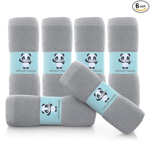 HIPHOP PANDA Baby Washcloths, Rayon Made from Bamboo - 2 Layer Ultra Soft Absorbent Newborn Bath Face Towel - Reusable Baby Wipes for Delicate Skin - Grey, 6 Pack