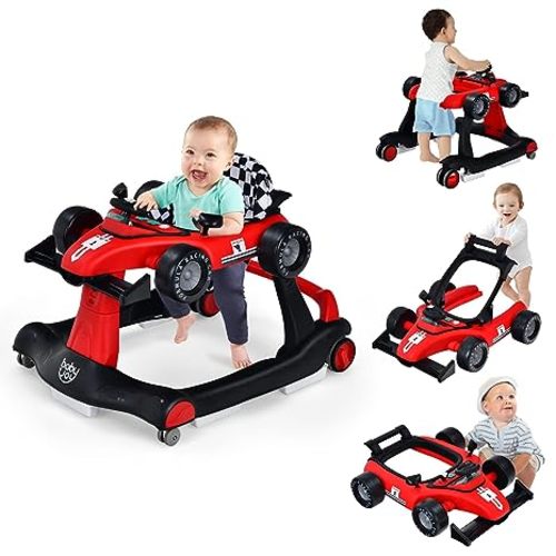 BABY JOY 4-in-1 Baby Walker, Foldable Activity Walker with Adjustable Height & Speed, Music, Lights, Anti-Rollover, Toddler Push Walker, Baby Walker with Wheels for Boys Girls 6-18 Months (Red)