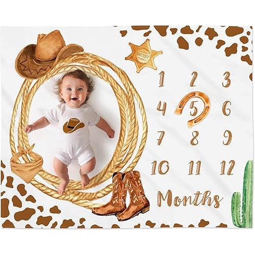 Cowboy Baby Milestone Blanket with Felt Horseshoe Frame Western Theme Cow Print Photo Props My First Rodeo Birthday Party Supplies