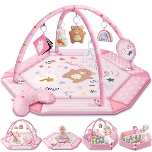 Baby Gym Play Mat, 8-in-1 Tummy Time Mat & Ball Pit with 6 Toys, Washable Baby Activity Mat for Visual, Hearing, Sensory, Motor Development, Baby Gift for Newborn Infant 0-3-6-9-12 Months (Pink)
