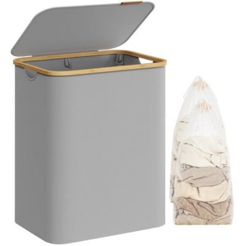 SONGMICS Laundry Hamper with Lid, Slim Laundry Basket, 17.2 Gallons (65L), Space-Saving, Removable Mesh Liner Cream White