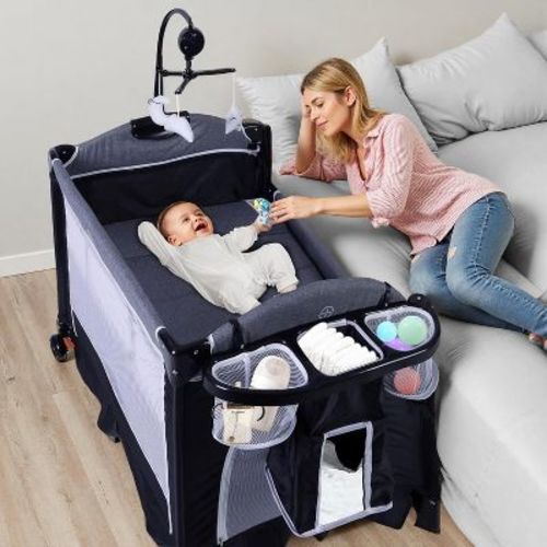 Kinder King 4-in-1 Portable Nursery Center and Bedside Crib with Bassinet, Changing Table, Storage Basket, Side Zipper & Travel Bag