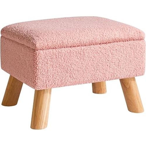 YMYNY Storage Ottoman, Footstool, Small Foot Stool with Sturdy Wood Legs Stool, Teddy Velvet Foot Rest with Padded Seat, for Living Room Bedroom Couch Enterway 15.75''D×11.81"W×11.02"H Pink UHBD042P