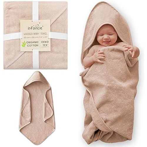 Organic Cotton Low-Twist Woven Hooded Baby Towels, 31x31 Inches, Plush Bath Towels with Hood for Newborns and Kids, Girls & Boys (Blush, 31.4" L x 31.4" W)