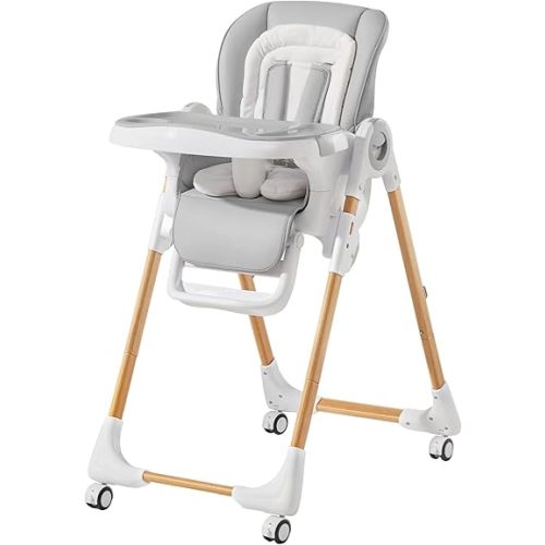 Convertible High Chairs for Babies and Toddlers, Height Adjustable Baby High Chair, High Chair with Removable Tray, Adjustable Backrest and Pedal, Portable Baby Dinning Chair with Lockable Wheels