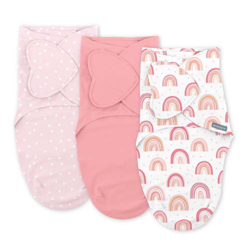 SwaddleMe by Ingenuity Monogram Collection Baby Swaddle, 100% Cotton, 0-3 Months, Pocket Fold Design for Easy Changes, 1.0 TOG, 3-Pack - Rainbow
