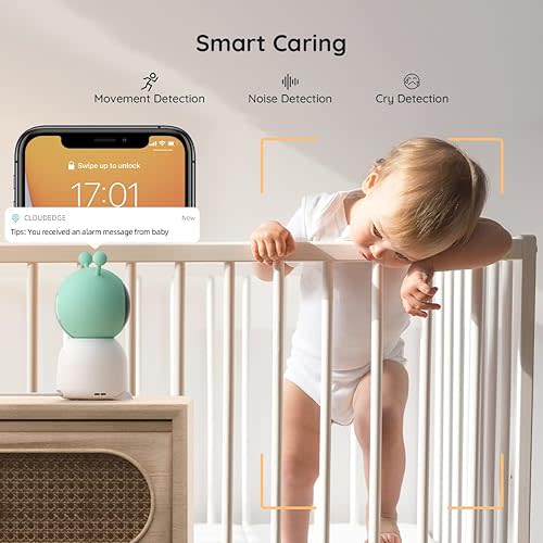 BOIFUN 2K WiFi Baby Monitor with Camera and Audio,Smartphone APP, Colorful Night Light, Smart AI Motion & Sound & Humidity & Temperature Detection, Auto Tracking,5-Inch Monitor Control, Night Vision
