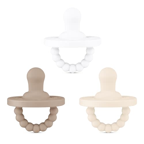 Ryan & Rose Cutie PAT All-in-One Pacifier and Teether Massaging Teething Ring and Hideaway Binky for Growing Babies (Canvas (3 Pack), Flat)