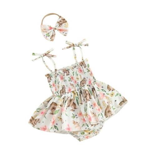 TheFound Baby Girl Easter Outfits, Sleeveless Tie Up Bunny Flower Print Caim Romper Dress + 3D Bow Headband