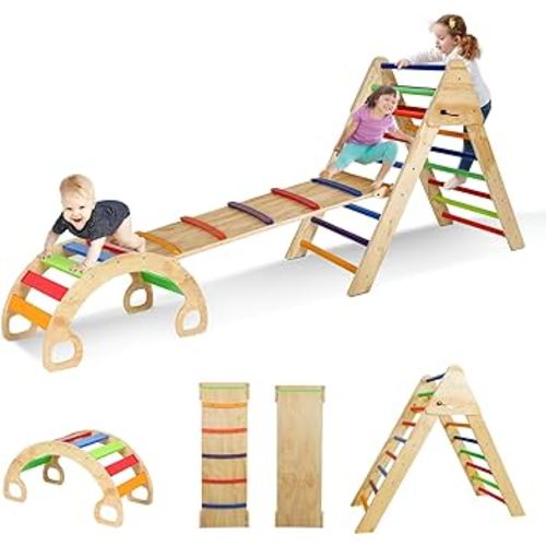 ECOMEX 7 in 1 Pikler Triangle Set, Foldable Triangle Ladder with Ramp & Arch Rocker, Pickler Wood Ramp for Toddlers, Indoor Climbing Toys for Toddlers 1-6 y.o Rainbow
