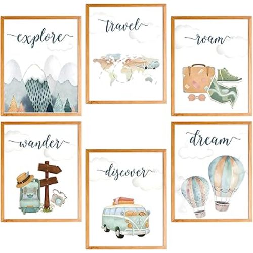 BearCake Nursery Wall Art Set of 6, Watercolor Woodland Mountain Airplane Hot Air Balloon Wall Decor Poster Prints for Baby Toddler Boy Girl Room Nursery Playroom, 8x10 Inches