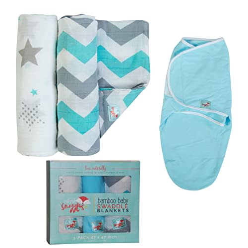Natural Snuggles Newborn Bamboo Rayon Swaddle Wraps | Baby Receiving Blankets 3 pk: Wrap & 2 Muslin Square Blankets - Light Blue & Grey Chevron Stripes & Stars