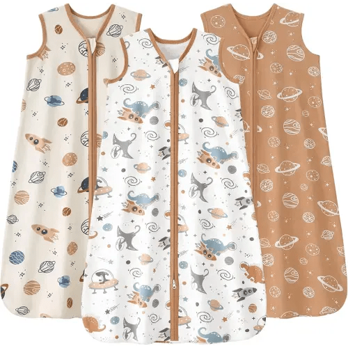 Baby Sleep Sack 0-6 months, 100% Cotton Sleeping Sack for Newborn and Infant, 3 Pack Baby Wearable Blanket for Boy and Girl, 0.5 Tog Lightweight Double Zipper Sleep Bag Coffee Dinosaur Planet