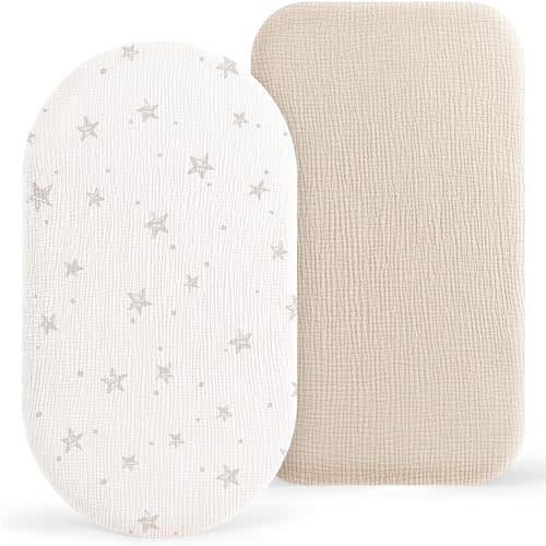 Bearmoss Bassinet Sheets - 2 Pack Muslin Cotton Bassinet Sheets Fits Oval and Rectangle Bassinet Mattress, Breathable and Skin-Friendly for Baby Boy and Girl (Pale Grey&Sand Beige)