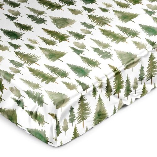 Sweet Jojo Designs Gender Neutral Unisex Satin Fitted Crib Sheet Woodland Pine Tree Green and White